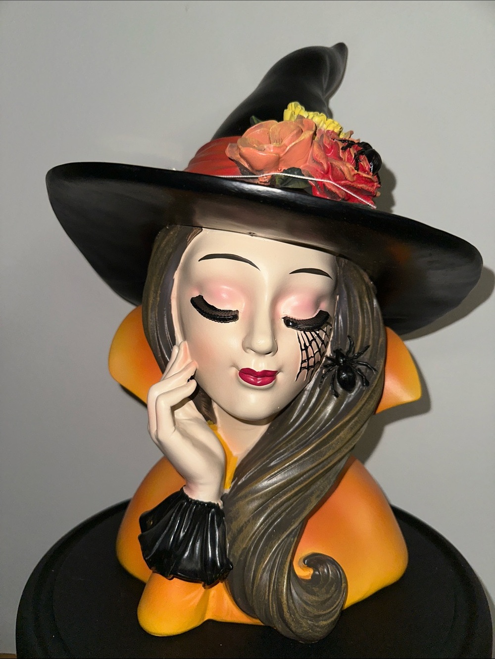 Halloween Witch-Inspired Decorative Bust - Black Hat, Orange Outfit